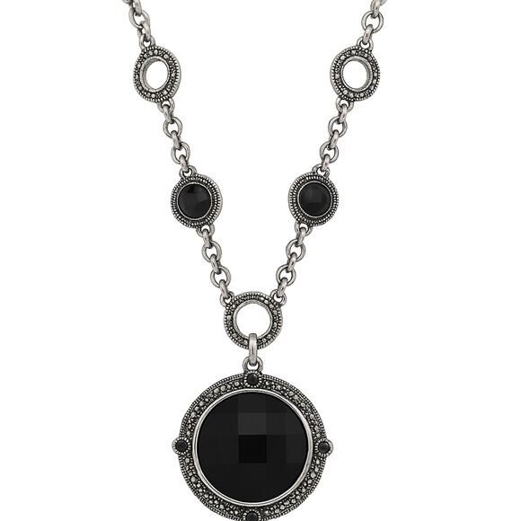 Liz Claiborne Black Faceted Pendant Necklace & Earrings Set Silver Tone NWT - Picture 3 of 3